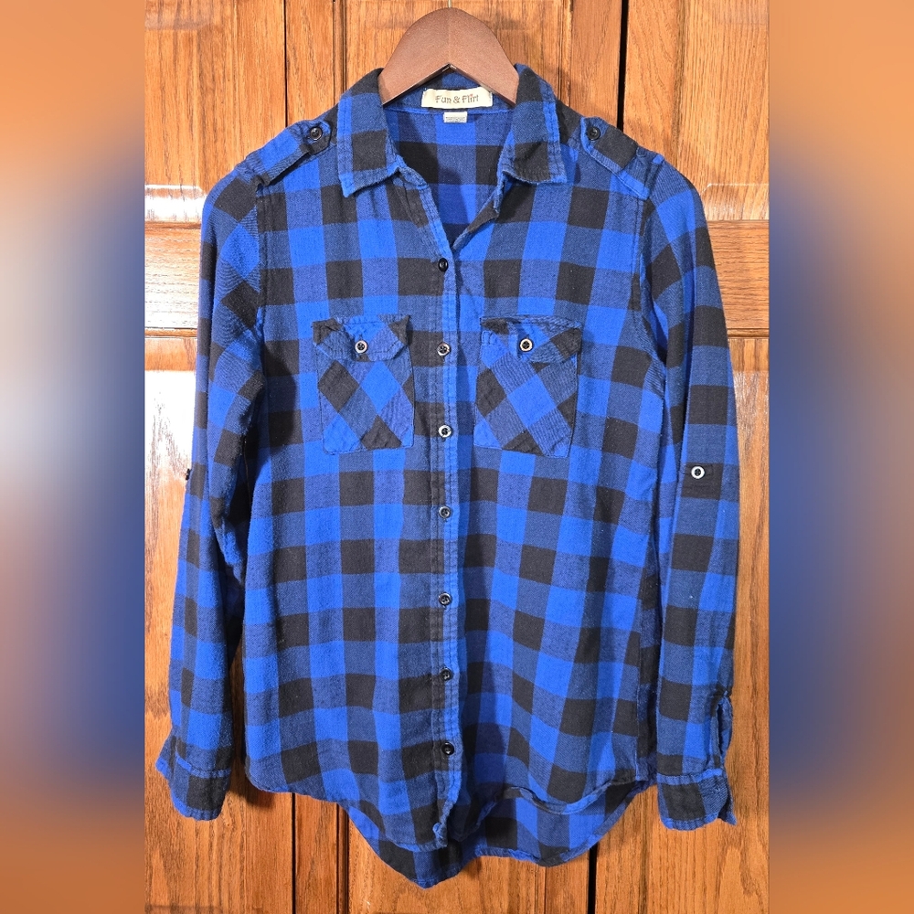 Fun & Flirt Blue Black Plaid Long Sleeve Button Up Flannel Shirt In Size…